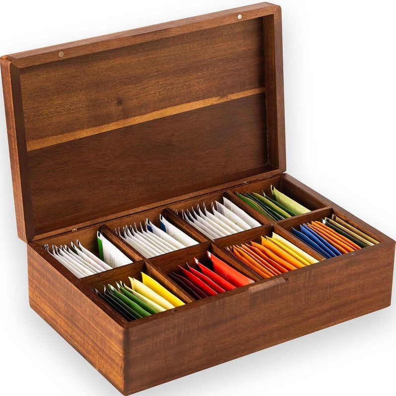 FLYIEE Acacia Wooden Tea Bag Organizers, Tea packet Storage Boxes, Tea Caddy for Tea Bags Chest, Teabag Holder Containers, Teabox Station Display, Organizador De Tes Caja Para Te, 8 Compartments - Image 1